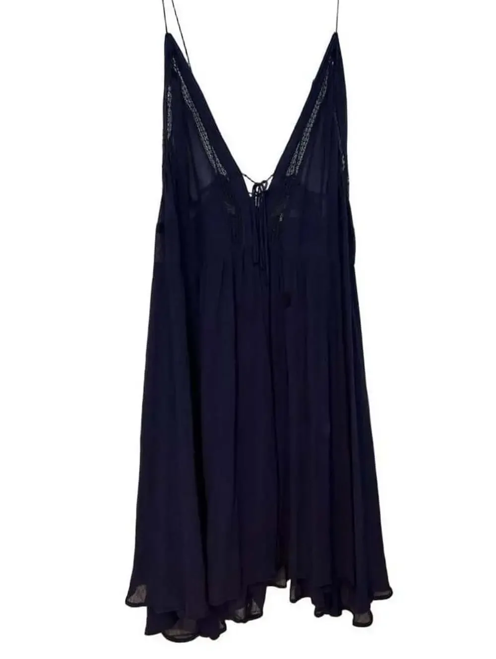 Free People Navy Blue Sheer V-Neck Lace Trim Babydoll Slip Dress
